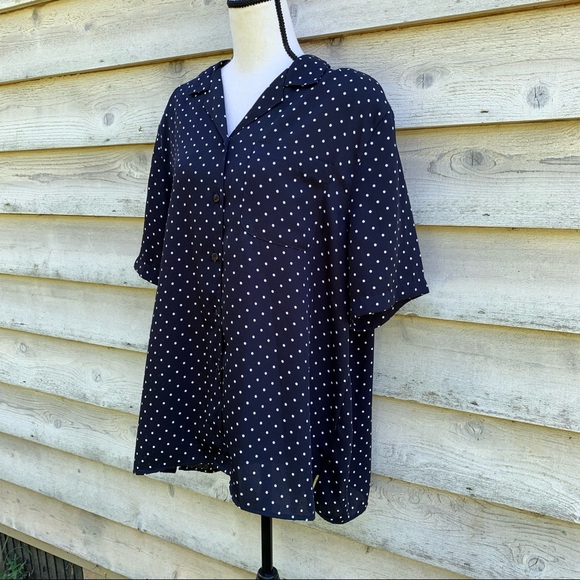 Vintage 90s Black Polka Dot Print Button Down Short Sleeve Collared Popover Top - Picture 3 of 16